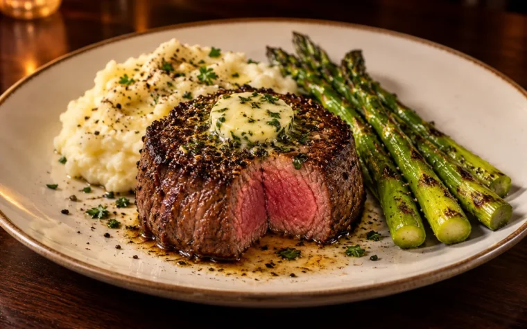 Red Lobster 6 Oz. Filet Mignon: a 6 oz. filet mignon steak, perfectly seared with a juicy pink center, topped with herb butter, served with mashed potatoes and grilled asparagus