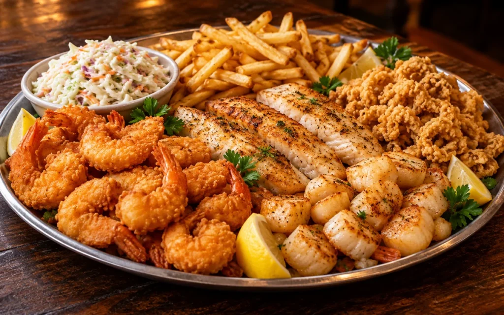Red Lobster Admiral's Family Platter (Serves 4): a large family platter for four with fried shrimp, broiled fish fillets, bay scallops, clam strips, fries and coleslaw on a big metal serving tray
