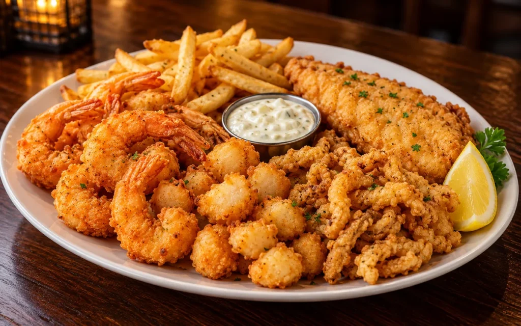 Red Lobster Admiral's Feast: an admiral-style seafood feast plate with golden fried shrimp, fried bay scallops, clam strips and a fried white fish fillet with tartar sauce, fries and a lemon wedge