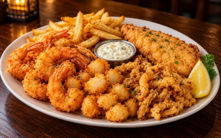 Red Lobster Admiral's Feast: an admiral-style seafood feast plate with golden fried shrimp, fried bay scallops, clam strips and a fried white fish fillet with tartar sauce, fries and a lemon wedge