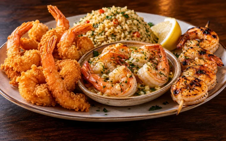 Red Lobster Admiral's Shrimp Trio: a shrimp trio plate featuring walt's crispy fried shrimp, garlic shrimp scampi and grilled shrimp skewer, served with rice pilaf and a lemon wedge