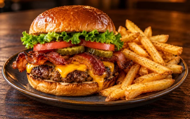 Red Lobster Bacon Cheeseburger: a juicy bacon cheeseburger with melted cheddar, crispy bacon, lettuce, tomato and pickles on a toasted brioche bun, served with golden fries