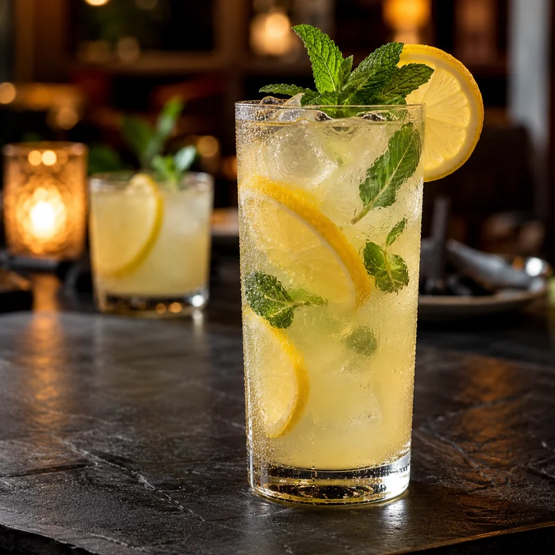 Red Lobster iced lemonade in a tall glass with fresh mint and lemon slices