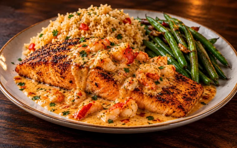 Red Lobster Blackened Salmon New Orleans Style: a blackened salmon fillet New Orleans style with Cajun spices and a spicy lobster-butter cream sauce, served with rice and green beans