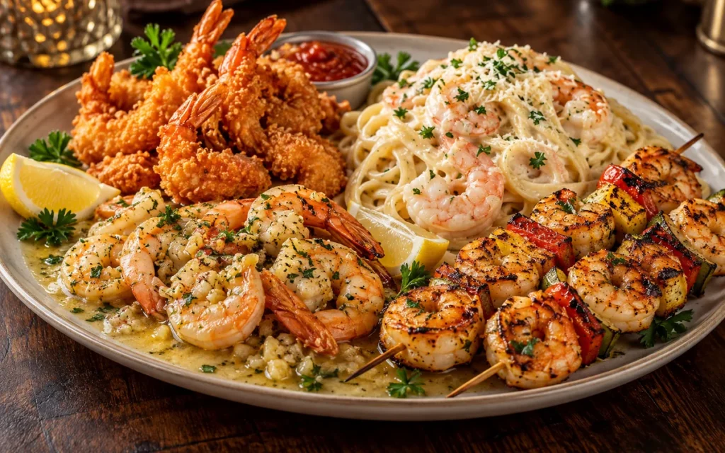 Red Lobster Bottomless Shrimp Sampler (Dine-In): a seafood sampler of four shrimp preparations: garlic shrimp scampi, fried shrimp, shrimp linguini alfredo and grilled shrimp skewers, on a large plat