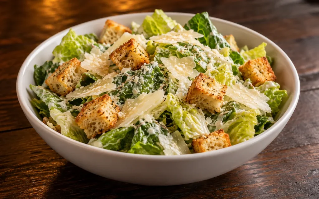 Red Lobster Caesar Side Salad: a fresh Caesar side salad with crisp romaine, shaved parmesan, garlic croutons and creamy Caesar dressing in a white bowl