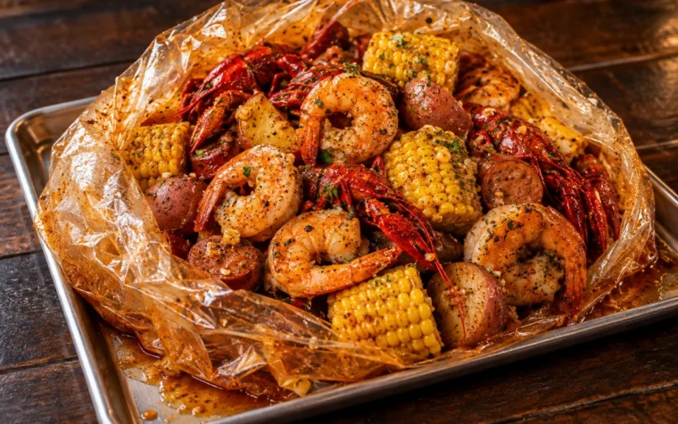 Red Lobster Cajun Garlic Butter Boil Bag: a Cajun garlic butter seafood boil bag opened on a tray, with shrimp, crawfish, corn on the cob, red potatoes and sausage coated in spicy garlic butter