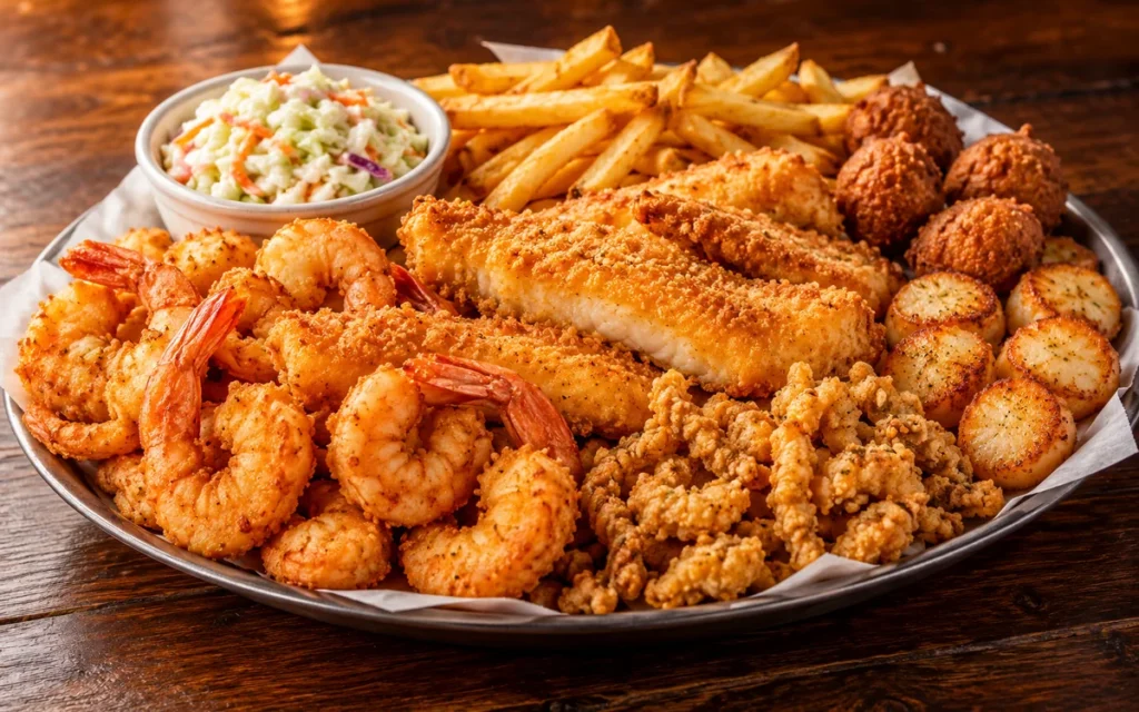 Red Lobster Captain's Feast Family Platter (Serves 4): a captain's feast family platter serving four with fried shrimp, fried fish, clam strips, scallops, hush puppies, fries and coleslaw on a large