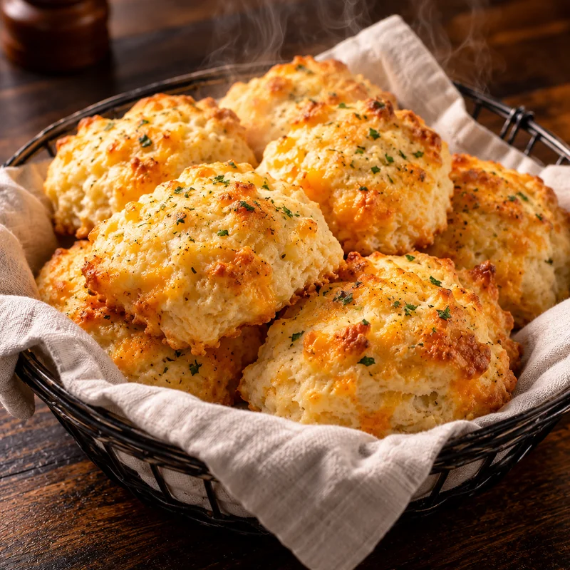Basket of warm golden Red Lobster Cheddar Bay Biscuits