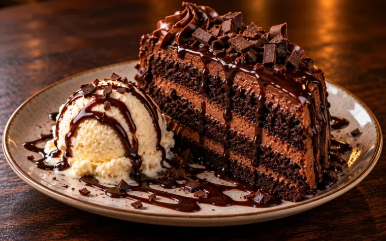Red Lobster Chocolate Wave Cake: a slice of rich layered chocolate wave cake with chocolate fudge frosting and a scoop of vanilla ice cream with chocolate drizzle