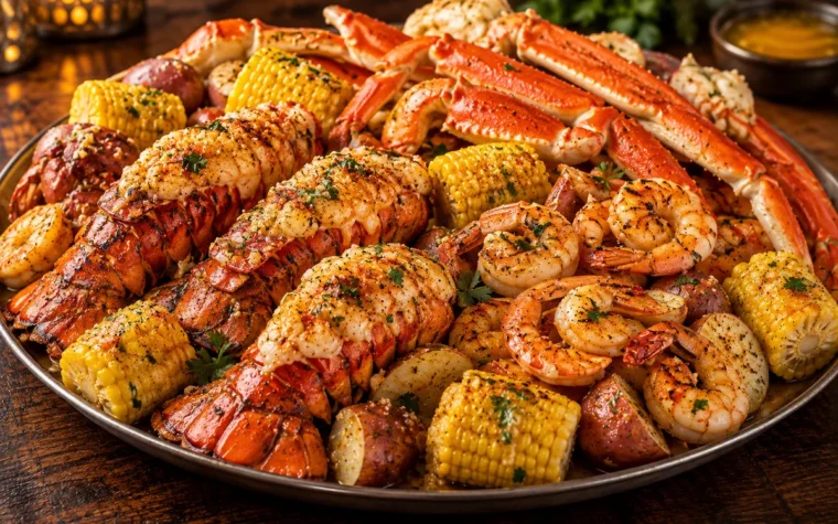 Red Lobster Coastal Lobster Bake Family Bundle (Serves 4): a coastal lobster bake family bundle for four with several lobster tails, snow crab legs, shrimp, corn on the cob and red potatoes on a larg
