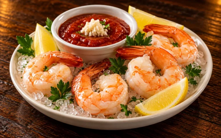 Red Lobster Cocktail Sauce (8 oz): a small bowl of red cocktail sauce with horseradish next to a few chilled shrimp and lemon wedges