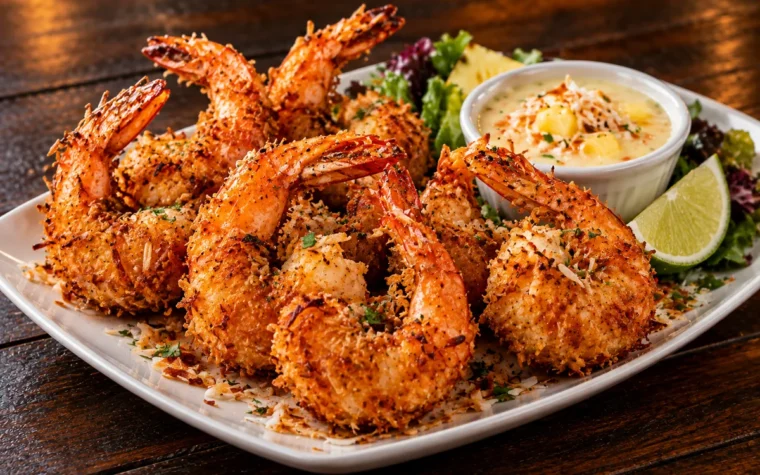 Red Lobster Coconut-Crusted Jumbo Shrimp (Starter): an appetizer plate of crispy coconut-crusted jumbo shrimp with a small bowl of pina colada dipping sauce and lime wedge