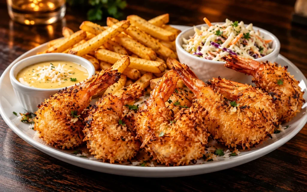 Red Lobster Coconut Jumbo Shrimp Entree: a coconut jumbo shrimp entree, golden coconut-crusted shrimp with pina colada dipping sauce, served with fries and coleslaw