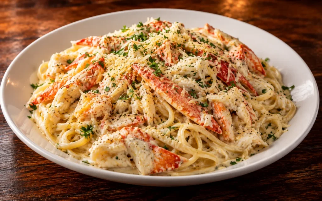 Red Lobster Crab & Linguini Alfredo: crab linguini alfredo, creamy alfredo pasta with generous chunks of snow crab meat, topped with parmesan and parsley