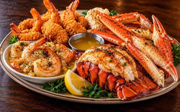 Red Lobster Create Your Own Ultimate Feast: a build-your-own ultimate seafood feast plate with a lobster tail, snow crab legs, garlic shrimp scampi and fried shrimp, with drawn butter