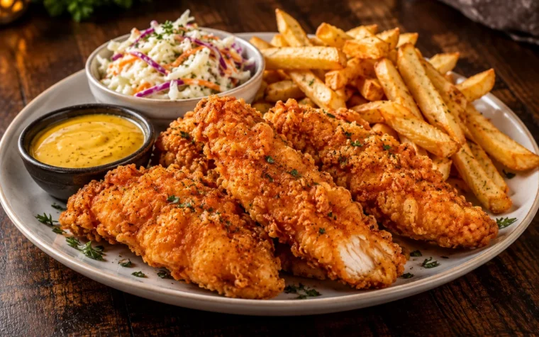 Red Lobster Crispy Chicken Tenders: a plate of crispy golden chicken tenders with honey mustard dipping sauce, fries and coleslaw