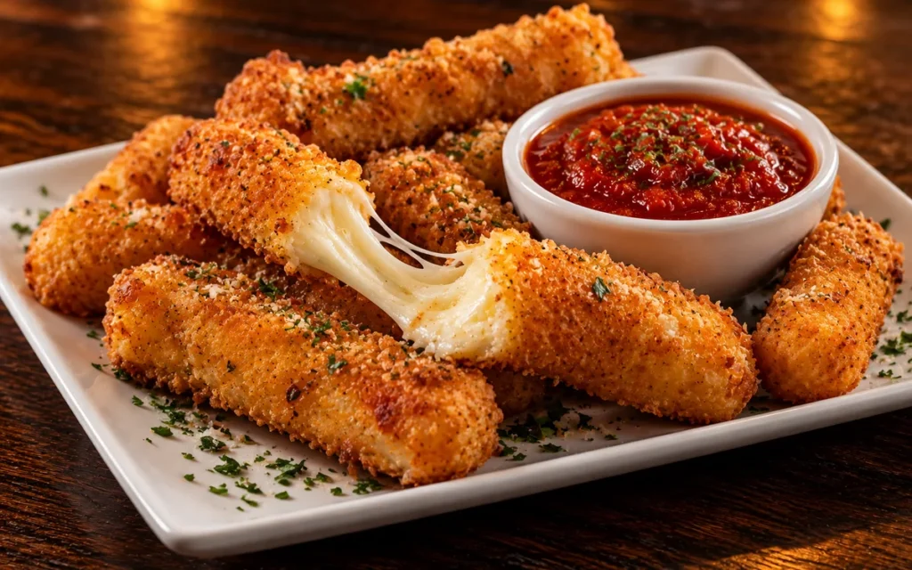 Red Lobster Crispy Mozzarella Bites: golden crispy fried mozzarella cheese sticks with marinara dipping sauce, one pulled apart showing melted cheese