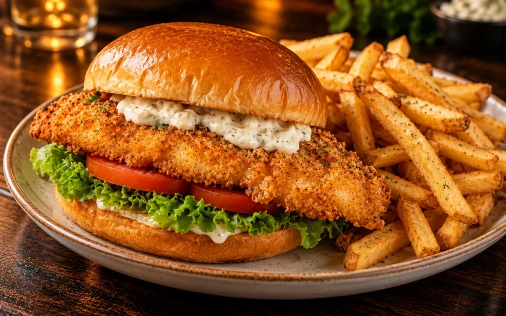 Red Lobster Crunch-Fried Flounder Sandwich: a crunch-fried flounder fish sandwich with lettuce, tomato and tartar sauce on a toasted bun, served with fries