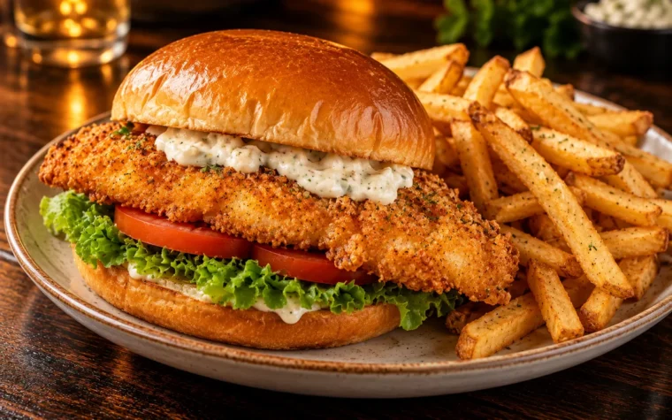 Red Lobster Crunch-Fried Flounder Sandwich: a crunch-fried flounder fish sandwich with lettuce, tomato and tartar sauce on a toasted bun, served with fries