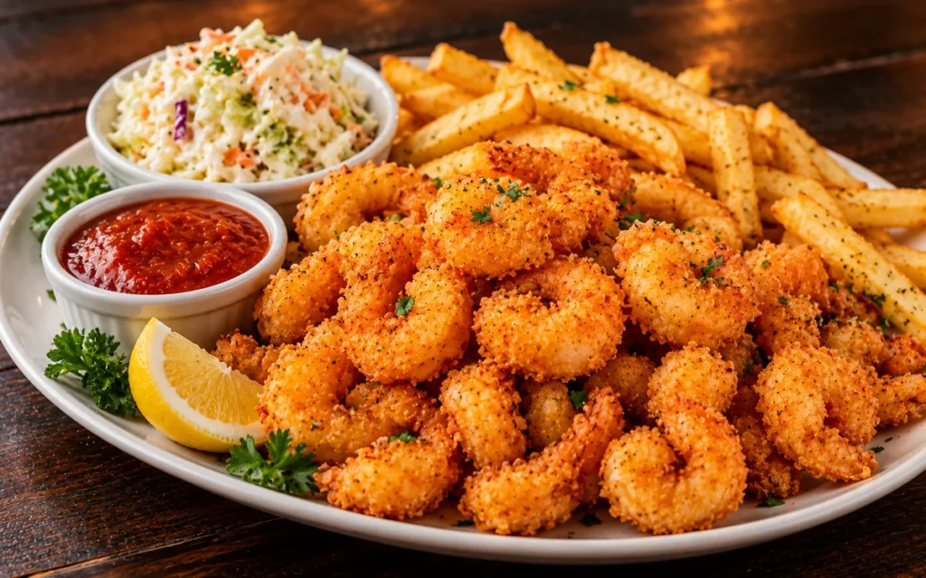 Red Lobster Crunchy Popcorn Shrimp Platter: a platter of crunchy golden popcorn shrimp with cocktail sauce, fries and coleslaw