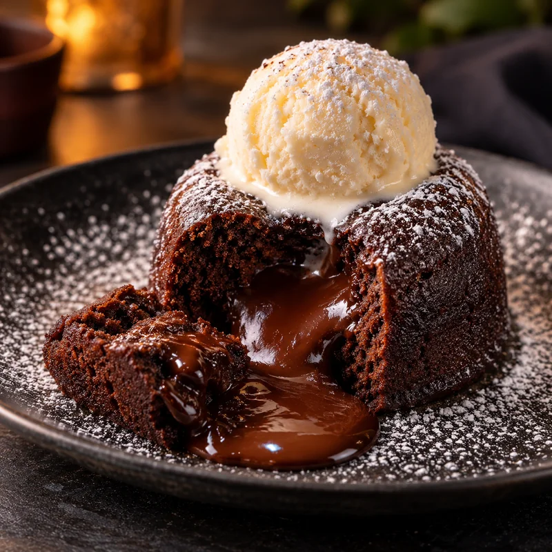 Red Lobster chocolate lava cake with a molten center, powdered sugar and a scoop of vanilla ice cream