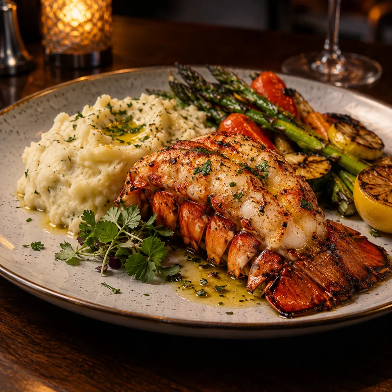 Red Lobster dinner platter with roasted lobster tail, grilled vegetables and garlic mashed potatoes