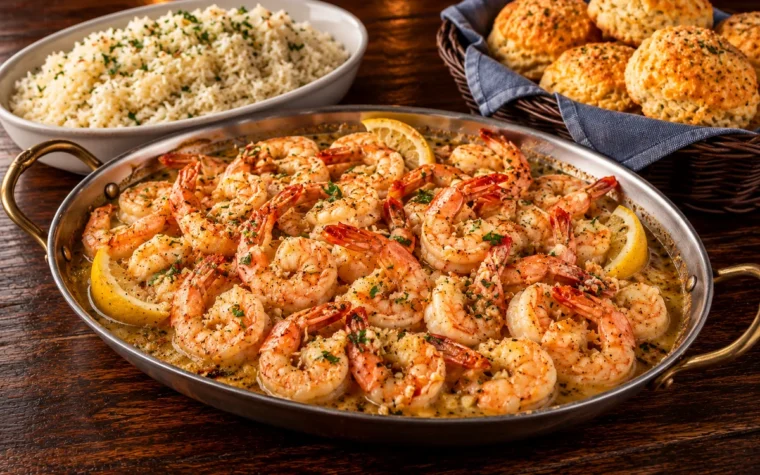 Red Lobster Family Garlic Shrimp Scampi Bundle (Serves 4): a family-size bundle of garlic butter shrimp scampi for four in a large serving dish with rice and a basket of cheddar biscuits