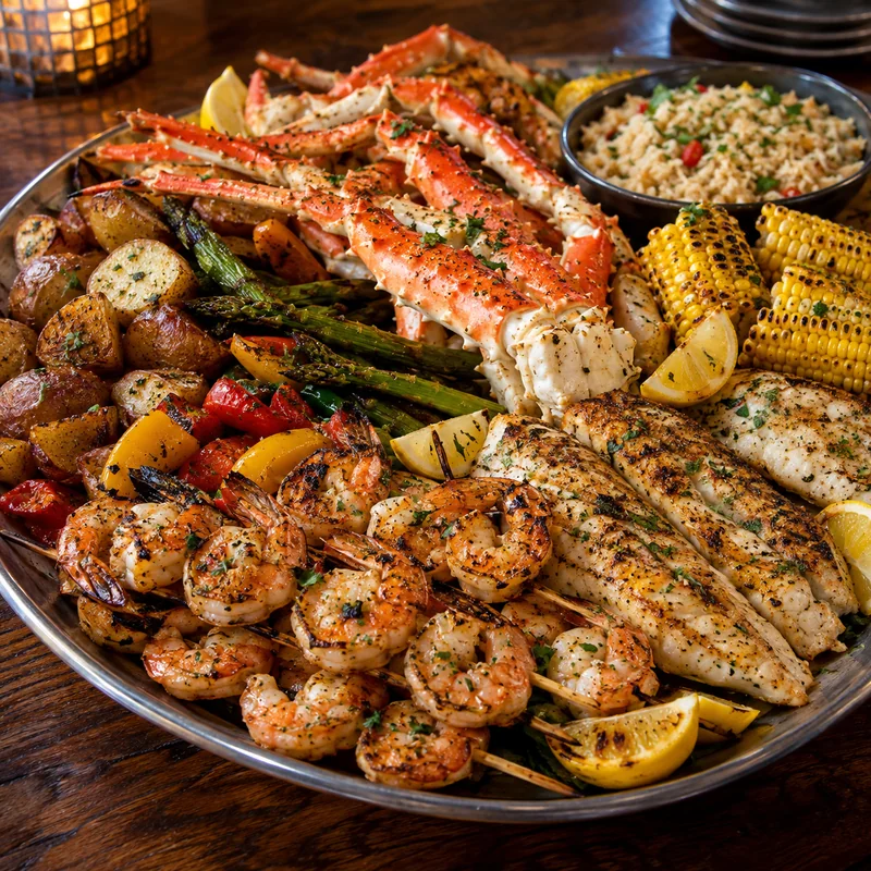 Red Lobster family-style seafood platter for sharing with grilled shrimp skewers, fish, snow crab, corn and potatoes