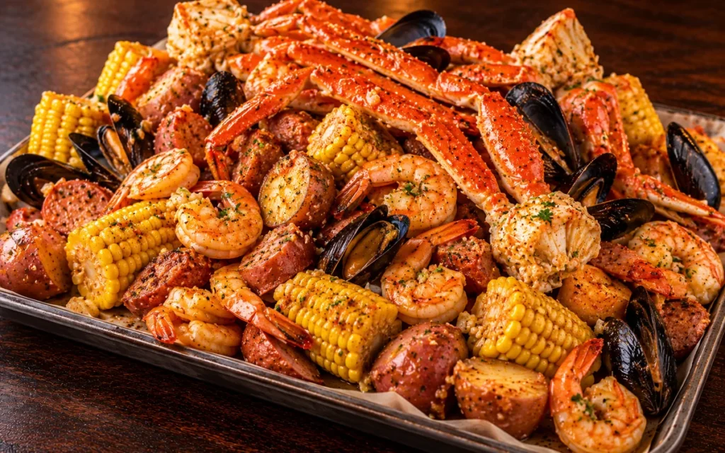 Red Lobster Family Seafood Boil Bundle (Serves 4): a family seafood boil bundle for four with snow crab legs, shrimp, mussels, corn on the cob, red potatoes and sausage piled on a tray
