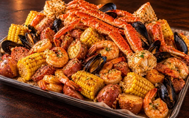Red Lobster Family Seafood Boil Bundle (Serves 4): a family seafood boil bundle for four with snow crab legs, shrimp, mussels, corn on the cob, red potatoes and sausage piled on a tray