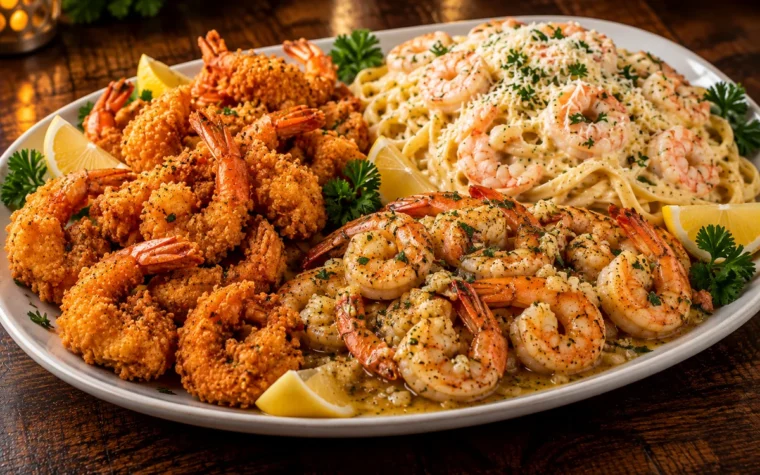 Red Lobster Family Shrimp Trio Platter (Serves 4): a family shrimp trio platter for four with fried shrimp, shrimp scampi and shrimp linguini alfredo on a large serving platter