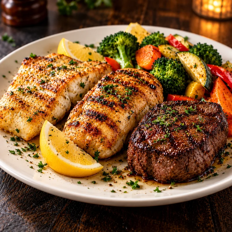 Red Lobster trio plate with grilled fish, grilled chicken breast and steak served with vegetables