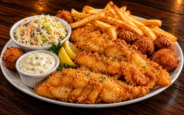 Red Lobster Fish Fry Family Platter: a fish fry family platter with golden hand-battered fish fillets, hush puppies, fries, coleslaw and tartar sauce