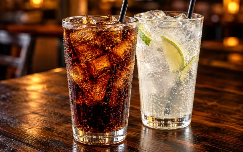 Red Lobster Fountain Soft Drinks: two tall glasses of fountain soft drinks, a cola and a lemon-lime soda, with ice and straws, condensation on the glass