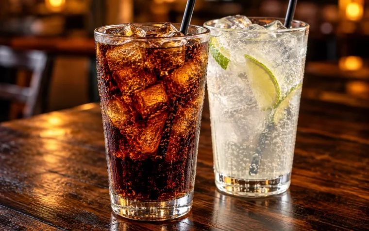 Red Lobster Fountain Soft Drinks: two tall glasses of fountain soft drinks, a cola and a lemon-lime soda, with ice and straws, condensation on the glass