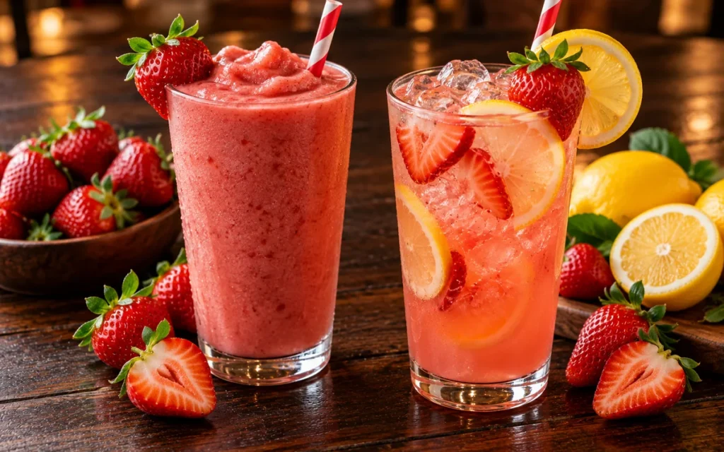 Red Lobster Fresh Smoothies & Lemonades: a fresh strawberry smoothie and a strawberry lemonade in tall glasses with fresh fruit garnish
