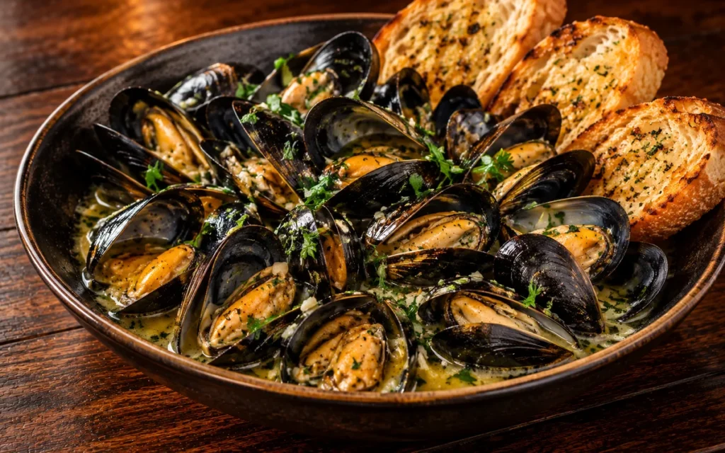 Red Lobster Garlic Butter Mussels: a bowl of garlic butter steamed mussels in white wine broth with parsley and grilled bread slices