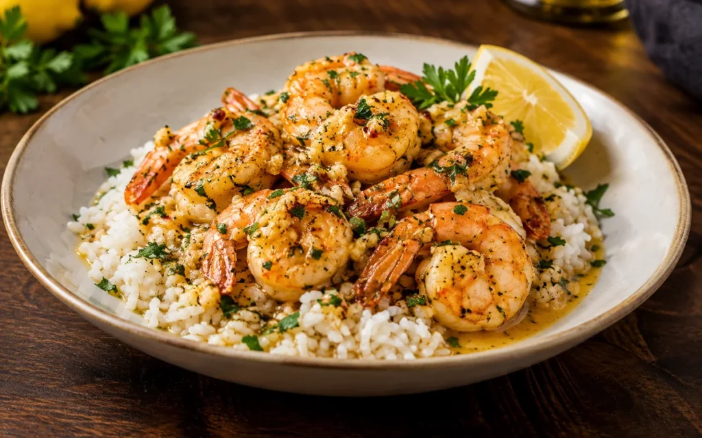 Red Lobster Garlic Butter Shrimp Scampi: garlic butter shrimp scampi with plump shrimp in lemon garlic butter sauce served over rice with parsley