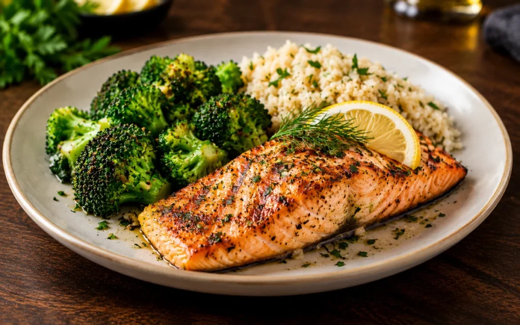 Red Lobster Grilled Atlantic Salmon: a grilled Atlantic salmon fillet with char marks, lemon slice and dill, served with broccoli and rice