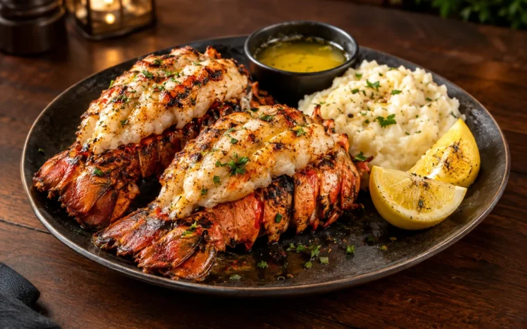 Red Lobster Grilled Rock Lobster Tail Dinner: two grilled rock lobster tails with butter basting and grill marks, drawn butter, lemon and a side of mashed potatoes
