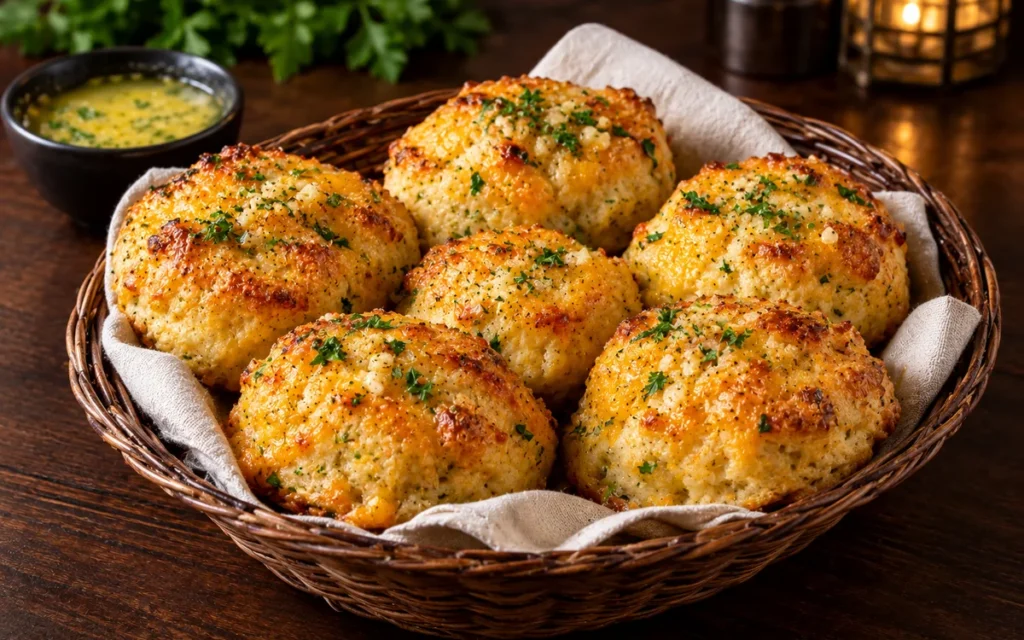 Red Lobster Half Dozen Cheddar Bay Biscuits: a basket of six warm golden cheddar garlic biscuits with parsley butter glaze