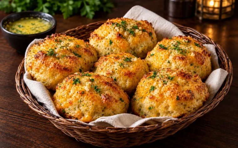 Red Lobster Half Dozen Cheddar Bay Biscuits: a basket of six warm golden cheddar garlic biscuits with parsley butter glaze