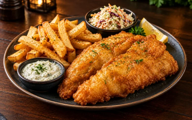Red Lobster Hand-Battered Fish & Chips: hand-battered fish and chips, two large crispy beer-battered cod fillets with fries, tartar sauce, coleslaw and lemon