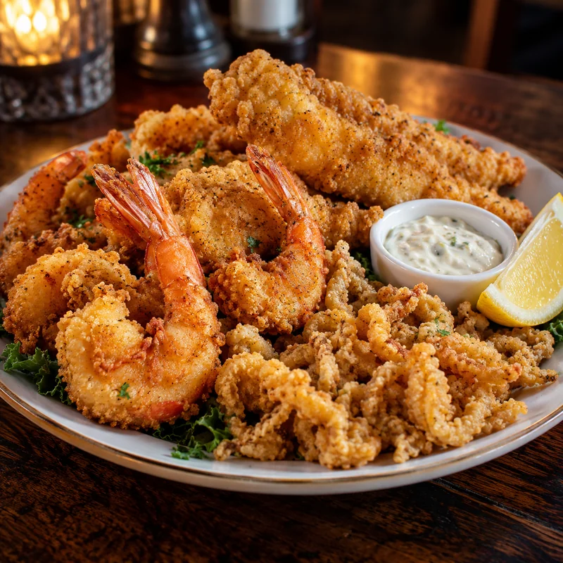 Red Lobster fried seafood combo platter with fried shrimp, fish fillets, clam strips, tartar sauce and lemon