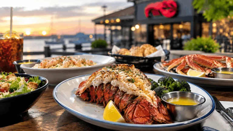 Red Lobster seafood dinner spread on a restaurant table