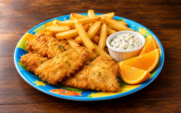 Red Lobster Kids Golden-Fried Fish: a kids meal plate of golden fried fish pieces with fries, tartar sauce and orange slices on a colorful kids plate
