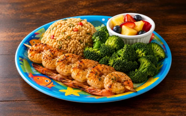 Red Lobster Kids Grilled Shrimp Skewer: a kids meal plate with a grilled shrimp skewer, rice, steamed broccoli and a small cup of fruit on a colorful kids plate