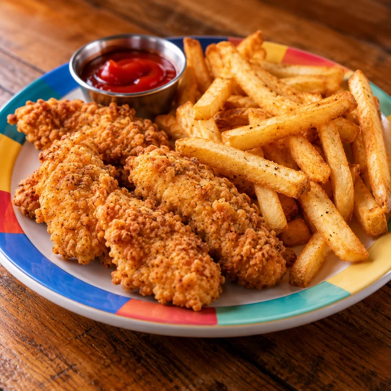 Red Lobster kids meal plate with crispy chicken tenders, golden fries and ketchup