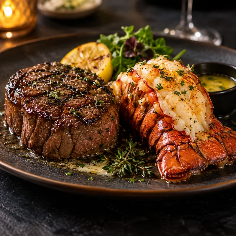 Red Lobster surf and turf plate with grilled steak and a butter-basted lobster tail